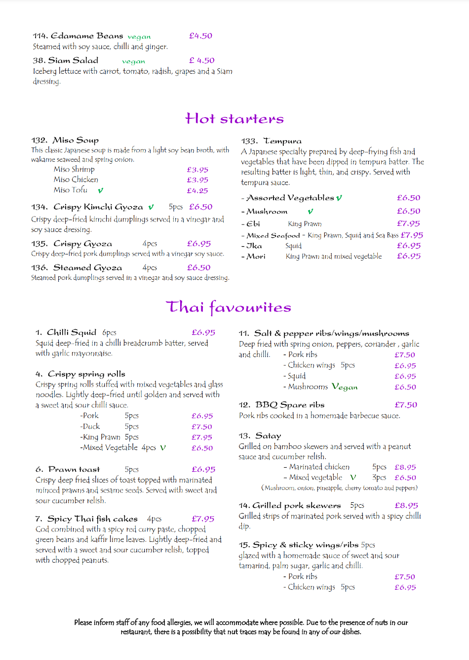 Takeaway Restaurant Menu Page - Siam Thai & Teppanyaki Restaurant - Chester